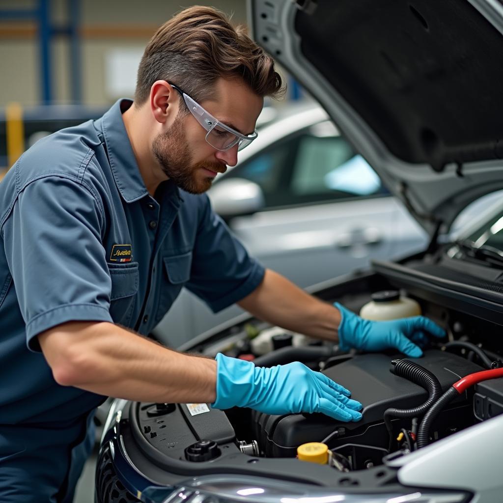 Auto Motor Sport YouTube Sicherheit: Ein Mechaniker trägt Schutzhandschuhe und -brille, während er an einem Auto arbeitet, wobei der Schwerpunkt auf der Sicherheit liegt.