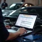 Auto Reparatur Dokumentation Software: Ein Mechaniker nutzt eine Software zur Dokumentation der durchgeführten Reparaturen.