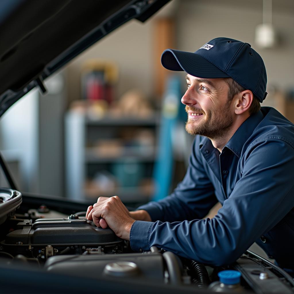 Erfolgreiche Autoreparatur: Ein Mechaniker betrachtet zufrieden seine Arbeit.