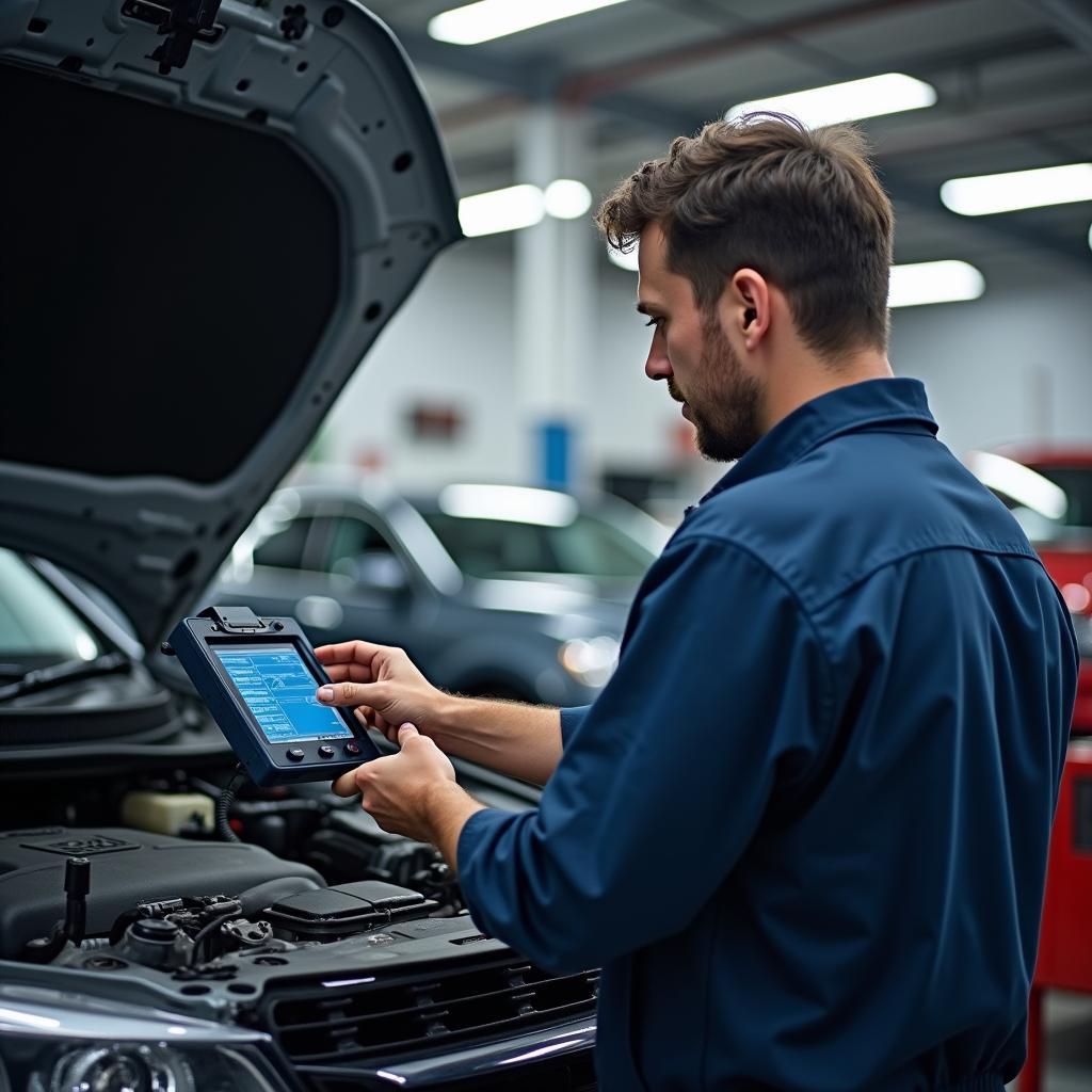 Automechaniker führt eine Diagnose in der Werkstatt durch