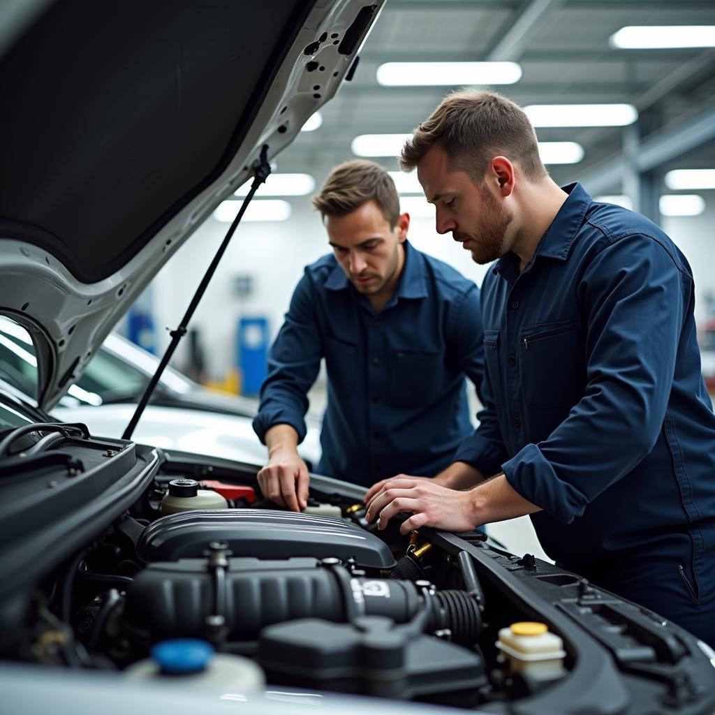 Car repair by expert mechanics in a workshop