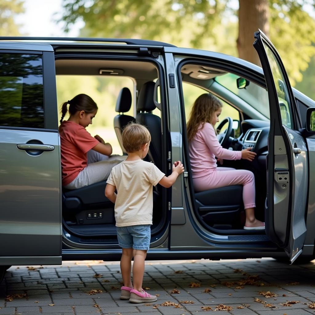 Familie steigt in Auto mit Schiebetüren