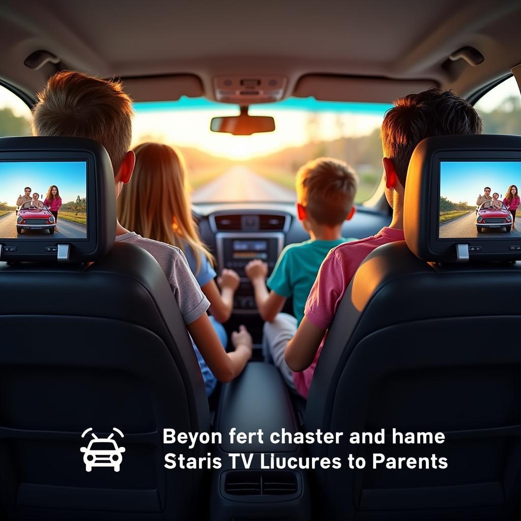 A family enjoys watching movies on car headrest TVs during a road trip, enhancing their in-car entertainment experience