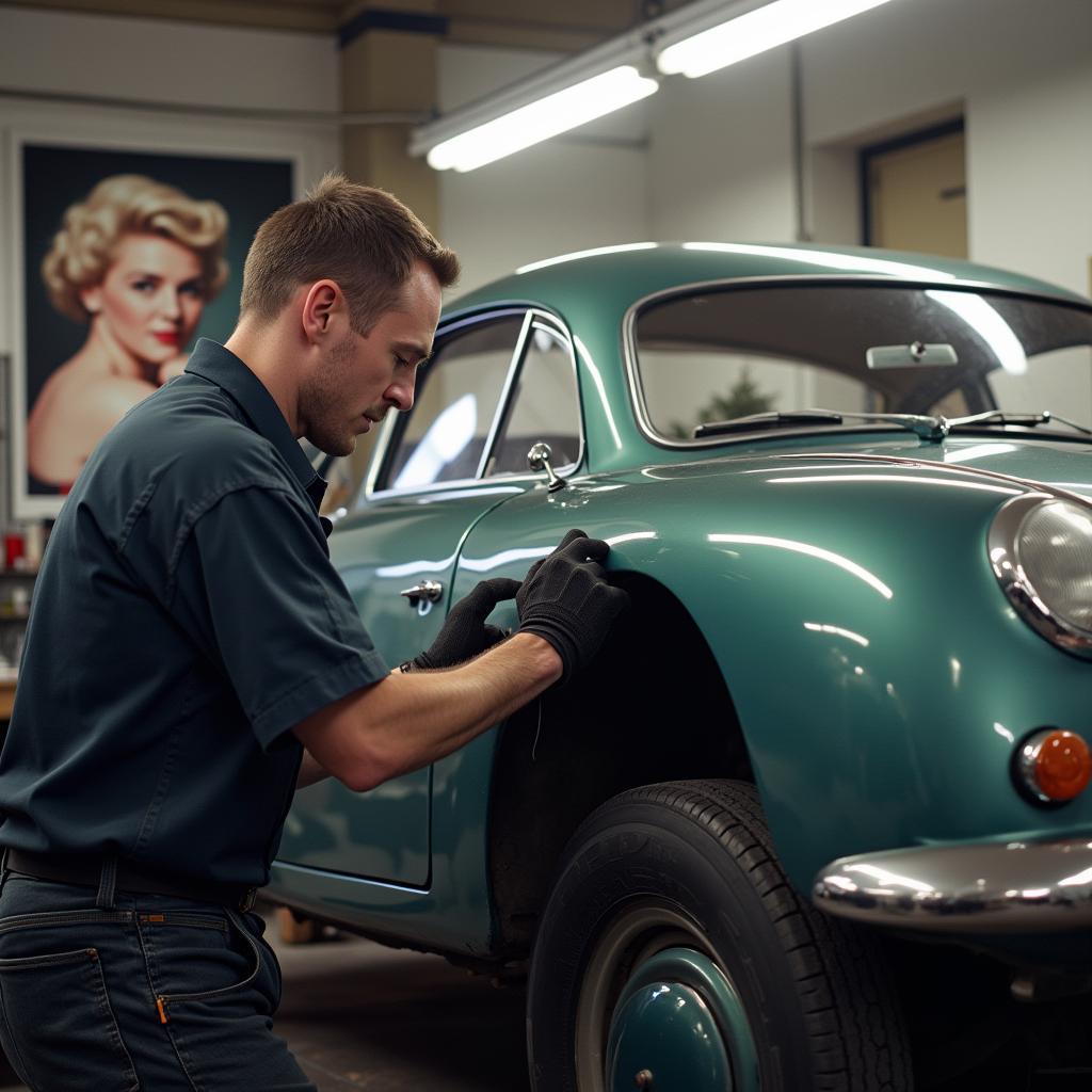 Ein Mechaniker repariert ein Auto in einer modernen Werkstatt, im Hintergrund ein Poster von Grace Kelly.