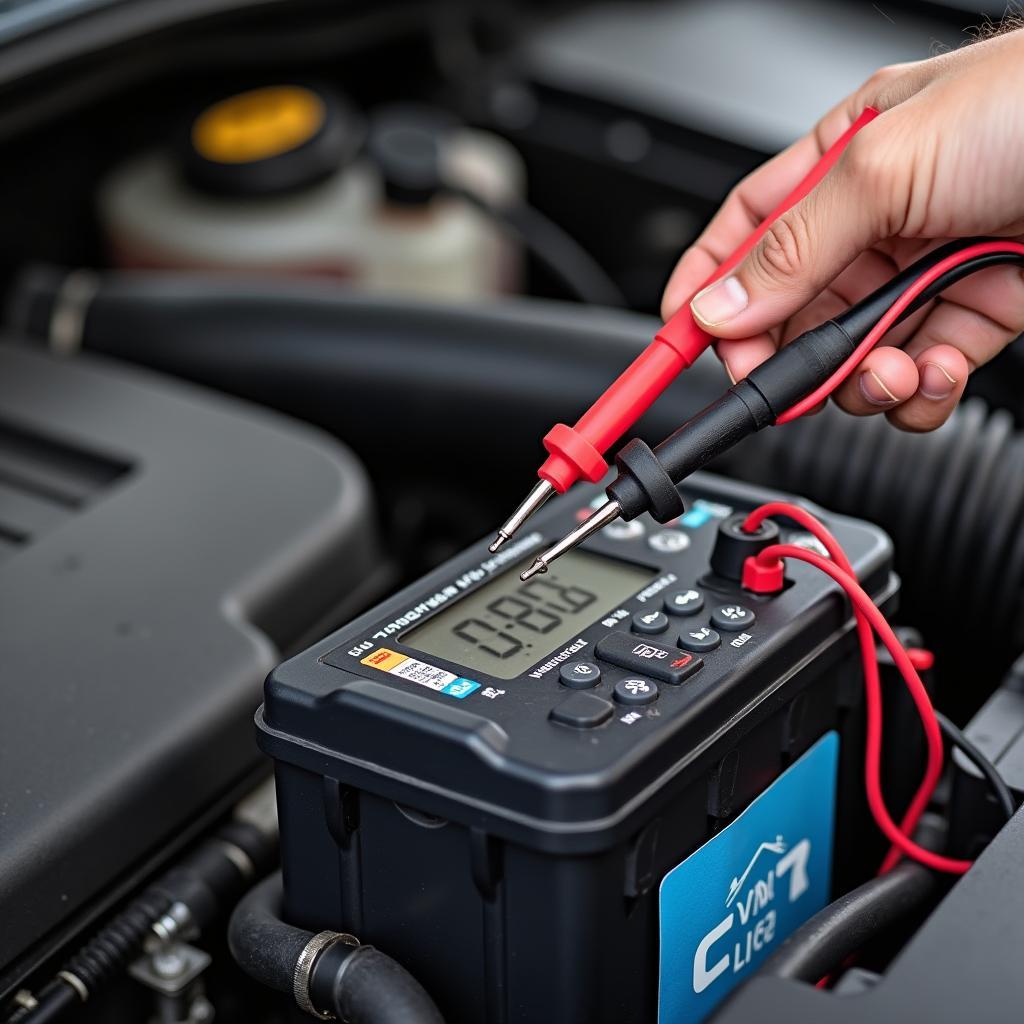 Prüfung der Autobatteriespannung mit einem Multimeter.