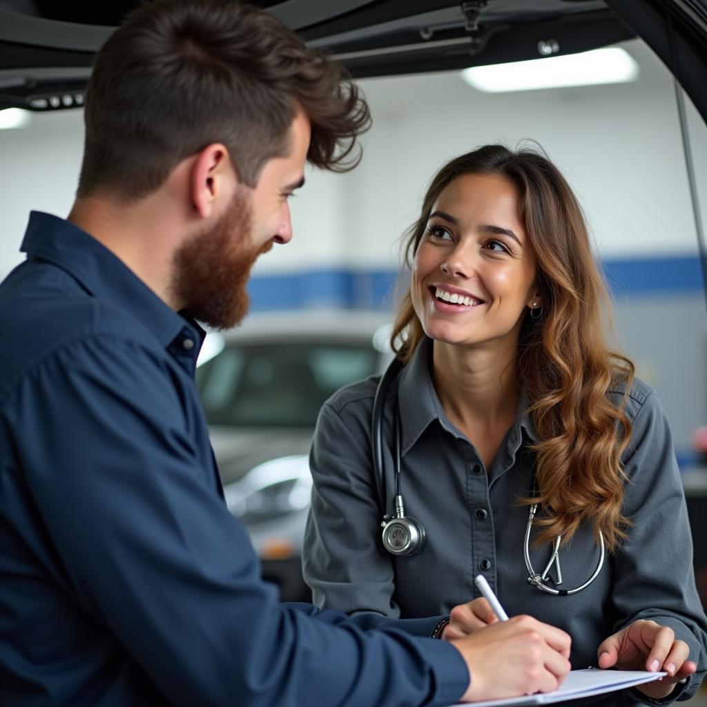 Un addetto al servizio clienti sorridente accoglie un cliente in un'officina di riparazione auto