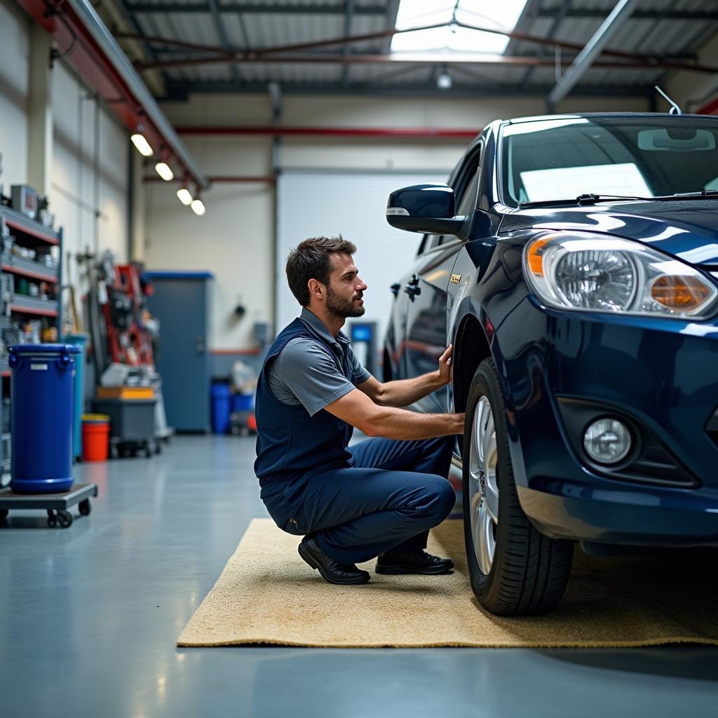 Automechaniker arbeitet komfortabel unter Auto mit Schaumstoffmatte