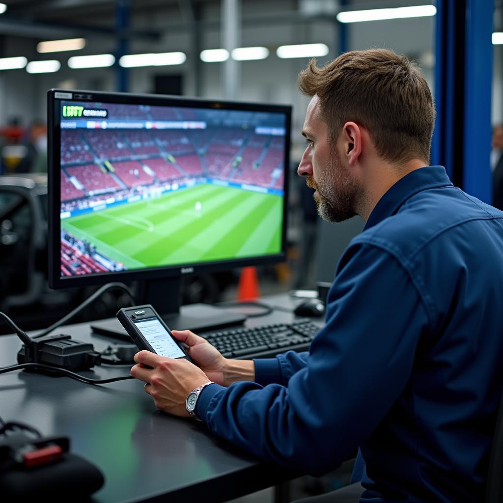 Automechaniker mit Diagnosegerät und Champions League