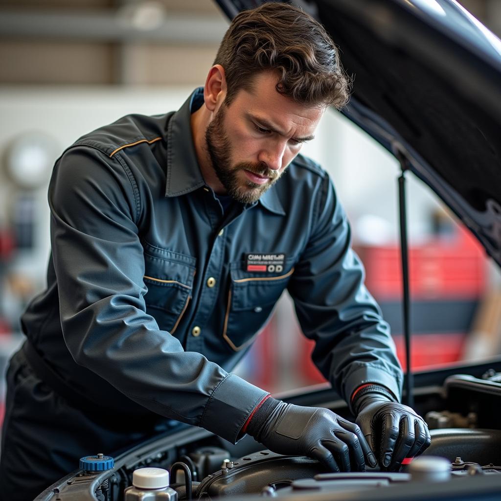 Automechaniker in Kevlar-Hemd bei der Reparatur