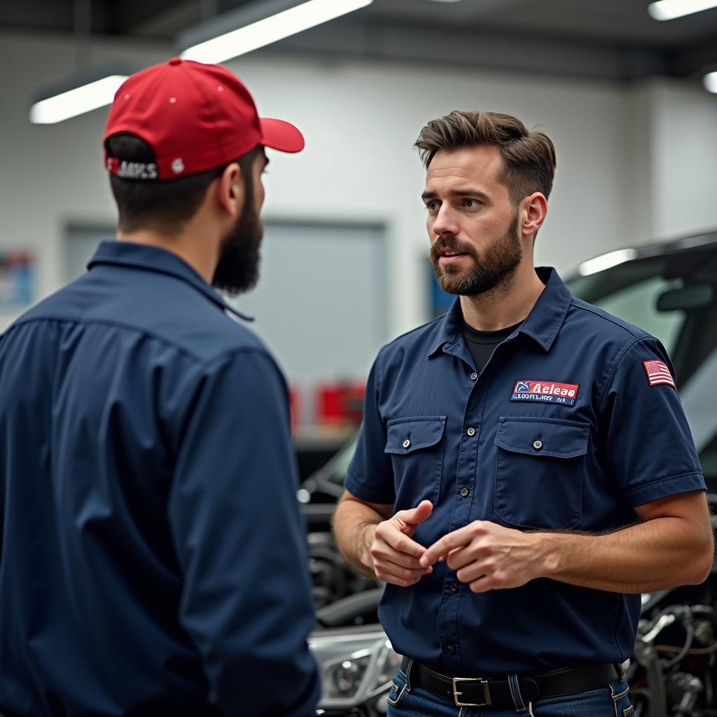 Auto mechanic advising a customer