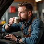 Automechaniker trinkt Caro Kaffee