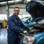 Automechaniker in Werkstatt mit Arbeitskleidung