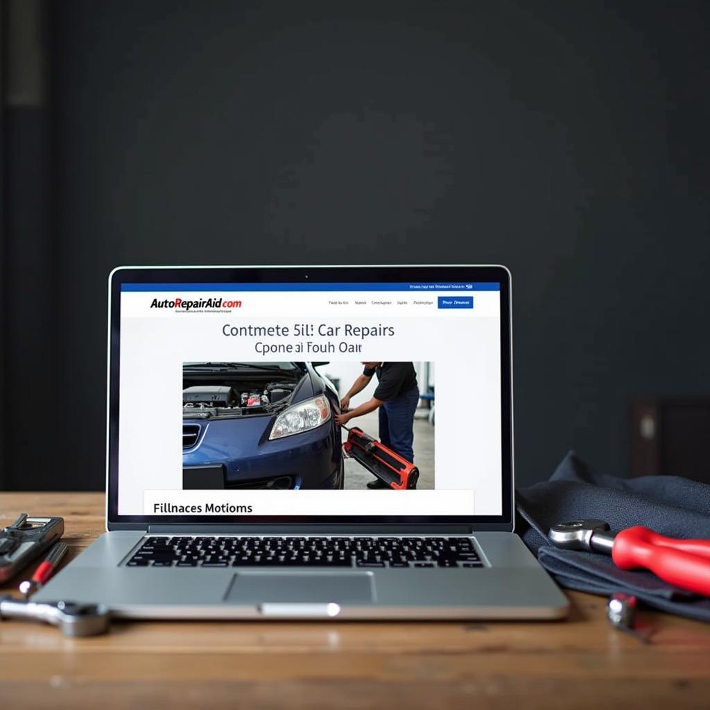 autorepairaid.com Unterstützung bei Kfz-Reparaturen:  Ein Laptop mit der Website autorepairaid.com wird neben Werkzeugen für die Kfz-Reparatur angezeigt.