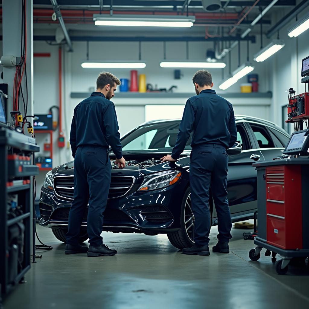 Moderne Autowerkstatt mit Kfz-Technikern bei der Arbeit