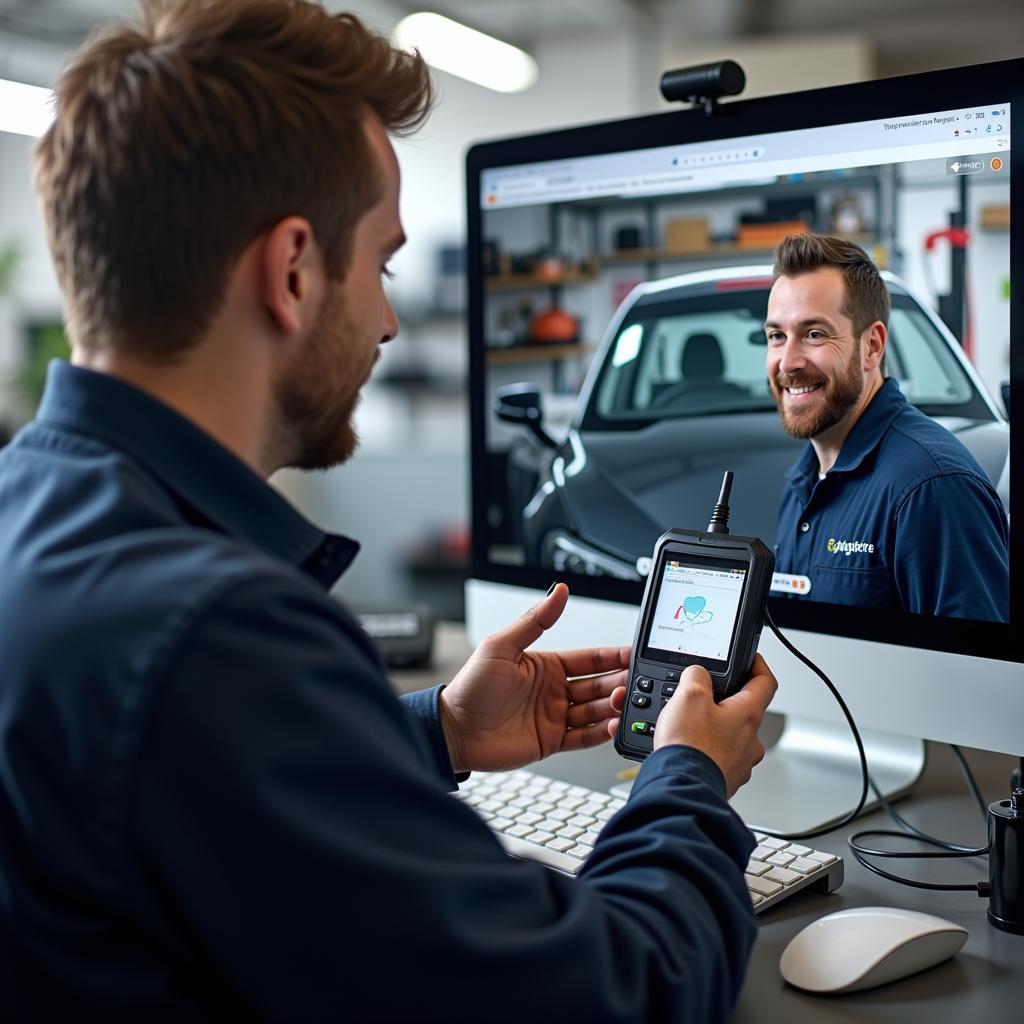 Online-Hilfe bei der Autoreparatur-Diagnose: Ein Mechaniker berät einen Kunden online per Videochat bei der Fehlerdiagnose an seinem Fahrzeug.