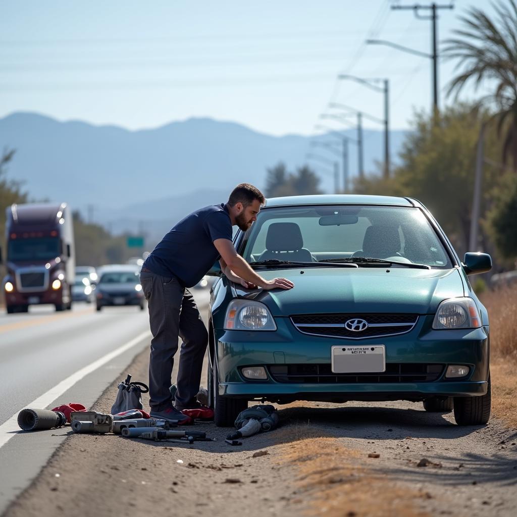 Autoreparatur im San Bernardino Verkehr: Eine Werkstatt am Straßenrand.