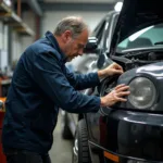 Bachmann Hartmut repariert ein Auto in seiner Werkstatt.