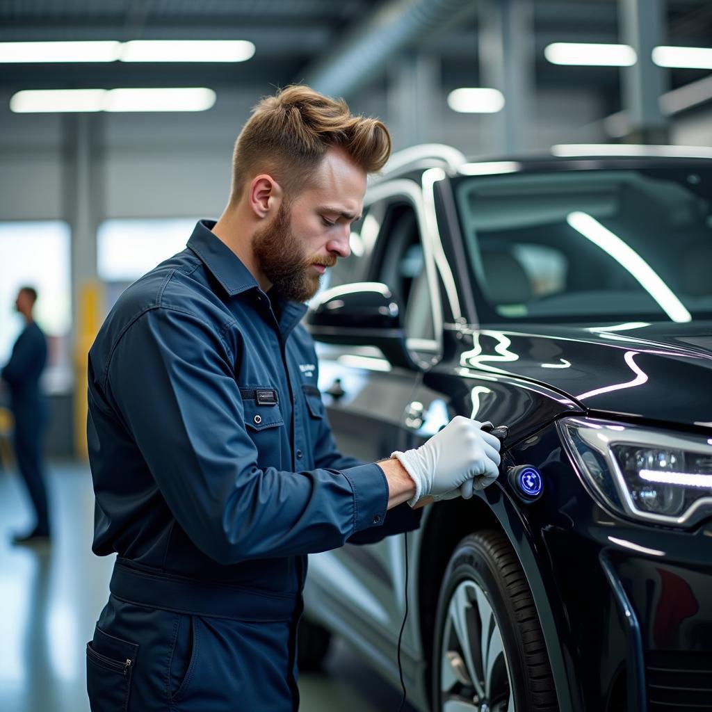 BAFA Förderung E-Auto Werkstatt: Ein Mechatroniker arbeitet an einem Elektrofahrzeug.