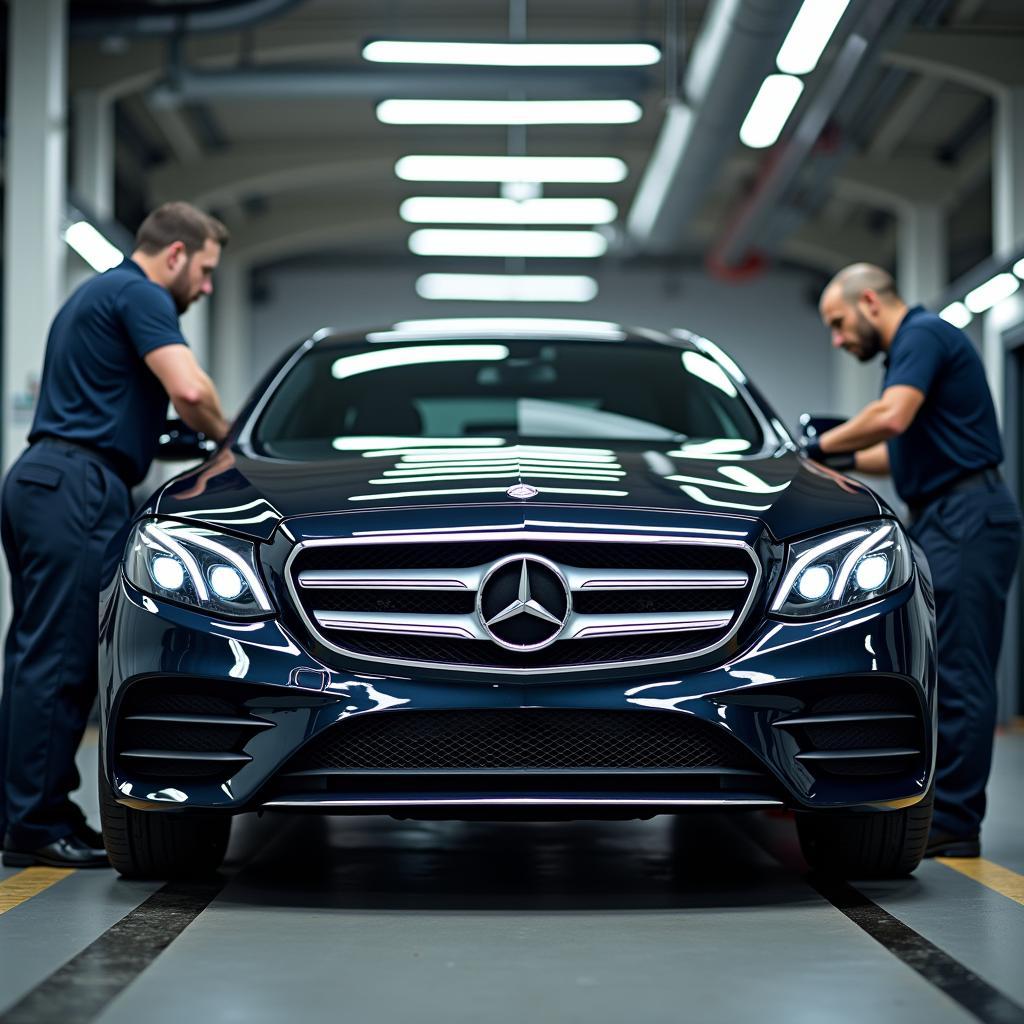 Reparatur eines Benz E in der Werkstatt