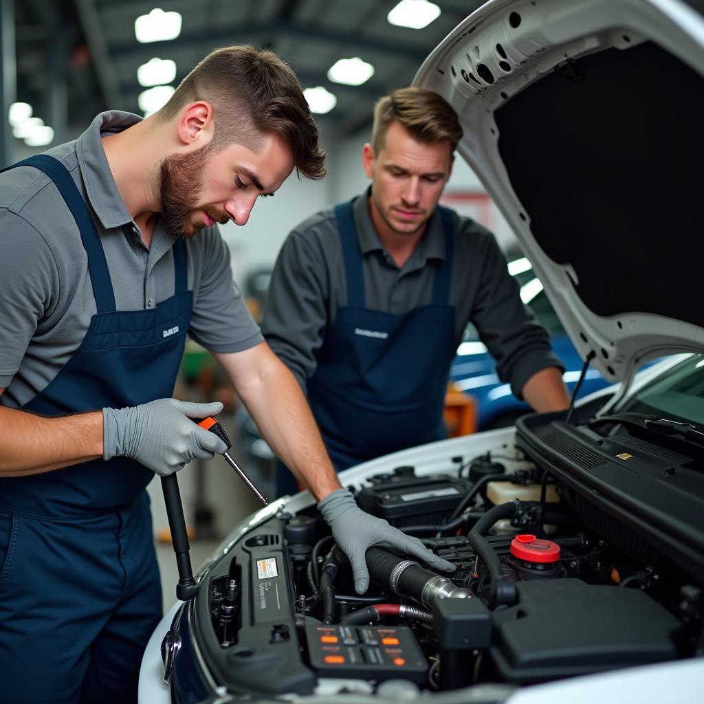 Reparatur eines Benzinlecks in einer Autowerkstatt durch einen qualifizierten Mechaniker.