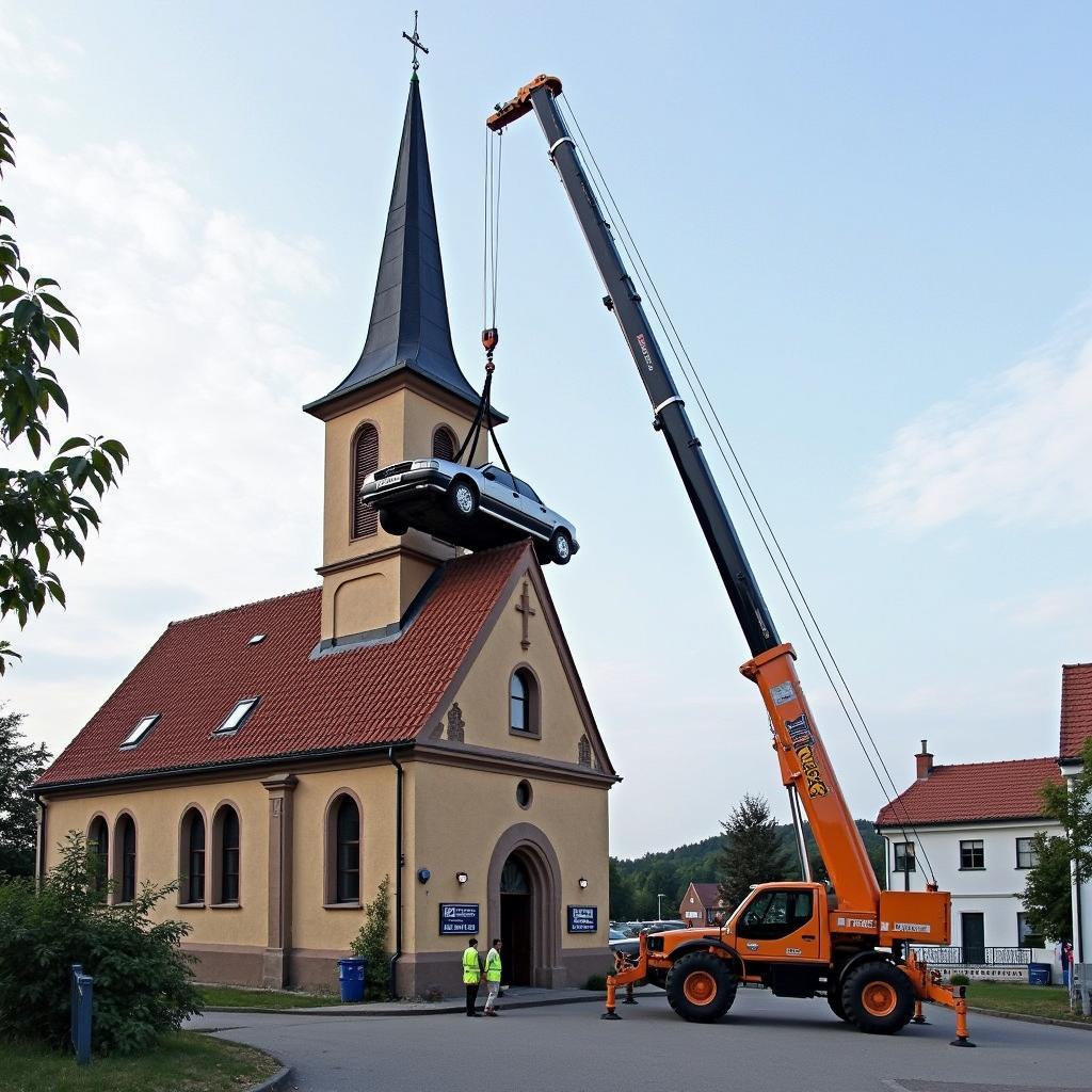 Bergung eines Autos vom Kirchendach in Limbach-Oberfrohna