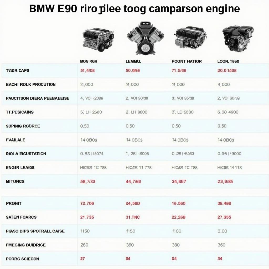 Tabel der sammenligner forskellige BMW E90 motorer med tekniske data og ydelsesindikatorer.