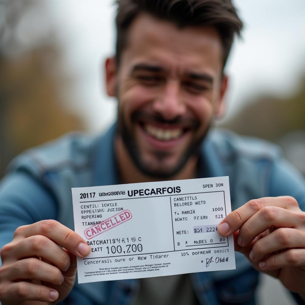 Homem sorrindo aliviado após contestar uma multa com sucesso.