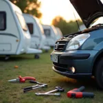 Panne auf einem Caravanpark: Ein Auto steht mit geöffneter Motorhaube auf einem Stellplatz, Werkzeug liegt daneben.