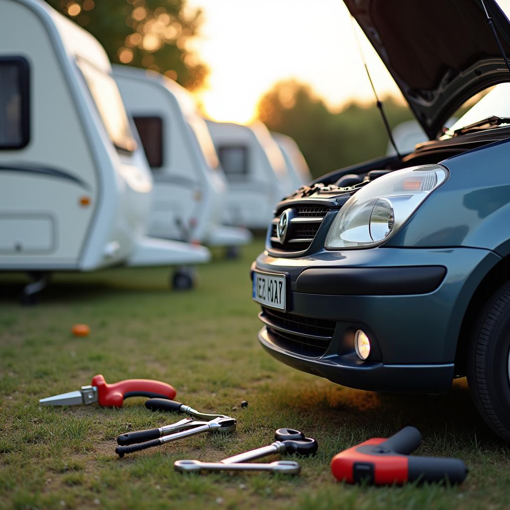 Panne auf einem Caravanpark: Ein Auto steht mit geöffneter Motorhaube auf einem Stellplatz, Werkzeug liegt daneben.