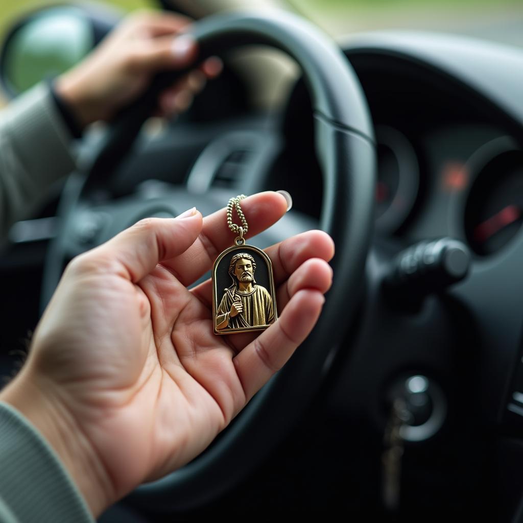 Christophorus Plakette im Auto als Symbol des Schutzes