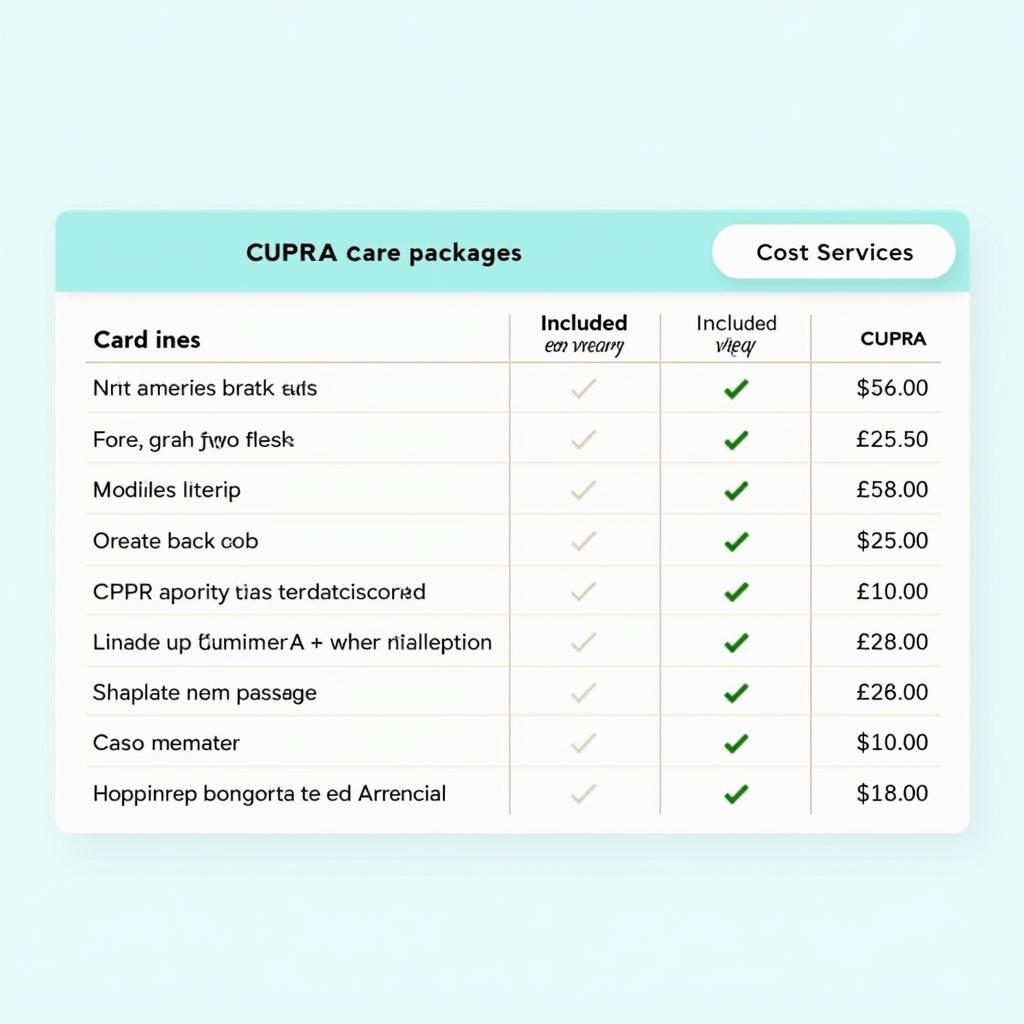 CUPRA Care Kostenübersicht: Eine Tabelle mit den Kosten für verschiedene CUPRA Care Pakete.