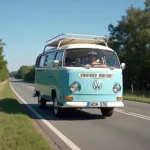 Ein DDR Wohnmobil B1000 fährt auf einer Landstraße.