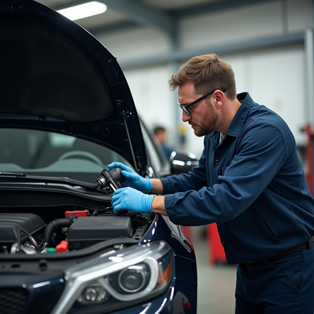 De Jonge Nortmoor Werkstatt - Ein Mechaniker arbeitet an einem Auto in einer modernen Werkstatt.