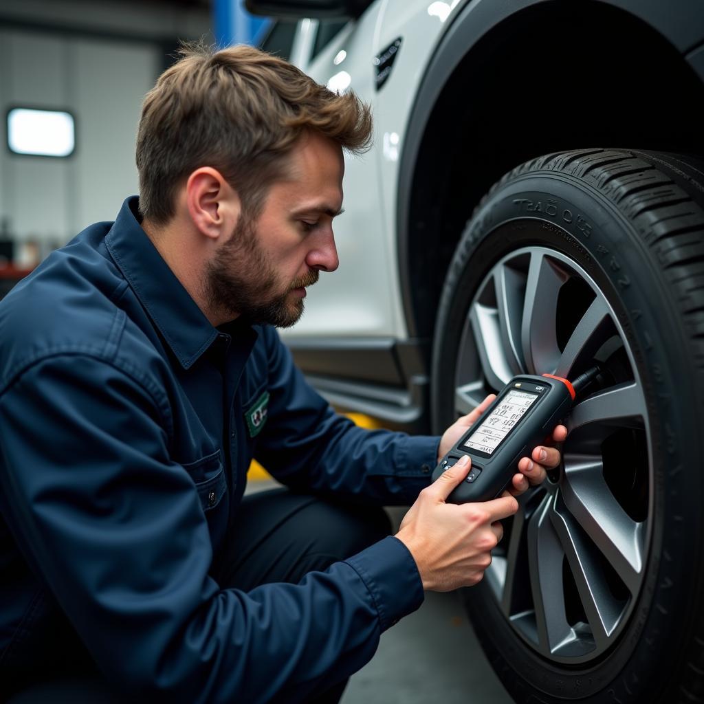 Mechaniker verwendet einen Diagnose Tester KFZ in einer Werkstatt