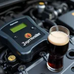 Diagnosegerät und Jägermeister Glas auf einem Automotor