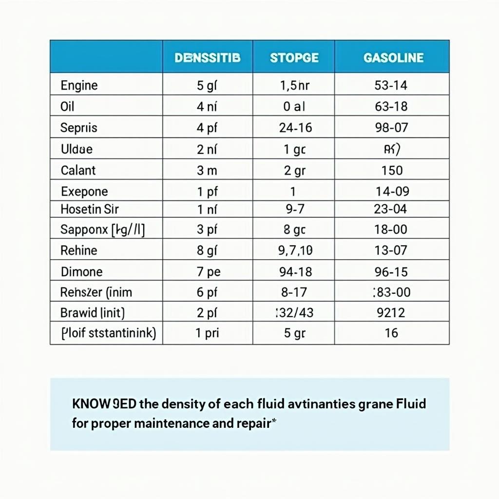 다양한 자동차 액체의 밀도표
