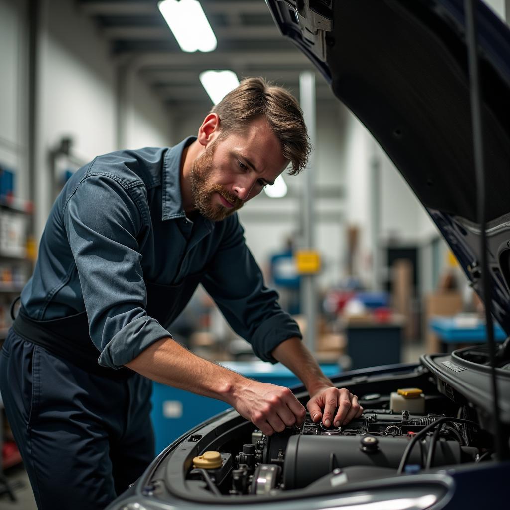 Autoreparatur mit Gemütlichkeit: Ein entspannter Mechaniker arbeitet an einem Motor.