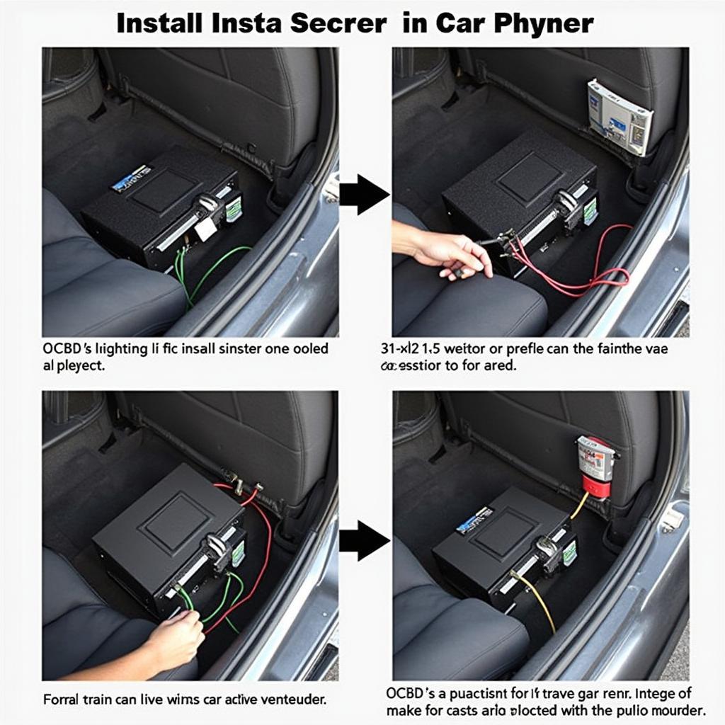 Step-by-step installation of a small active subwoofer in a car trunk.