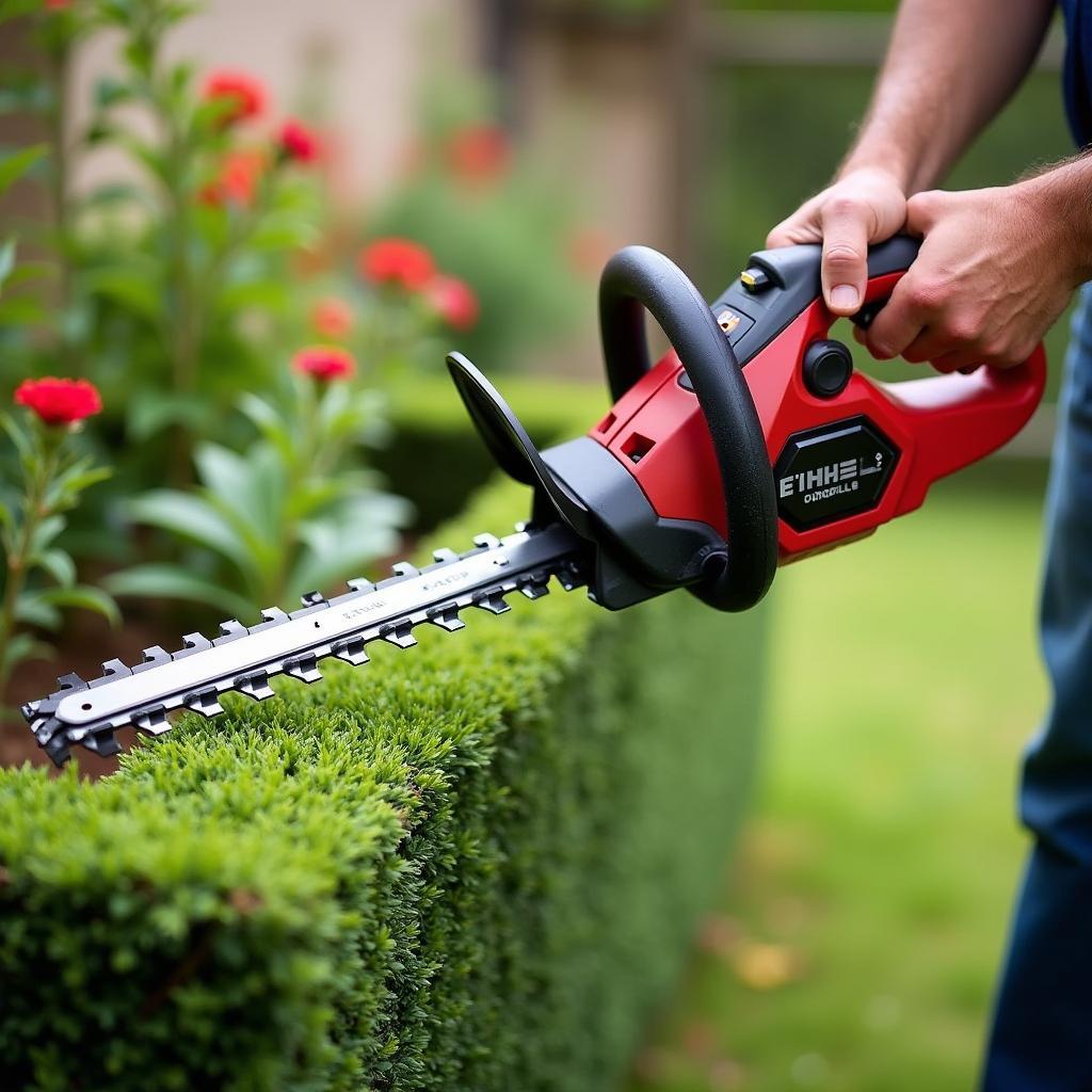 Einhell Akku-Heckenschere im Einsatz im Garten