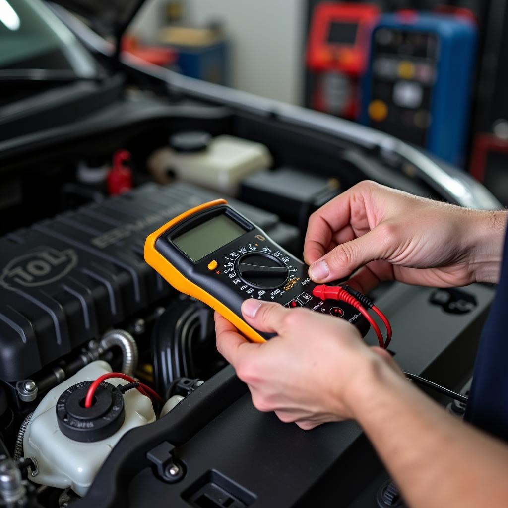 Mecânico realizando reparo preciso guiado pelo conhecimento em eletrônica automotiva