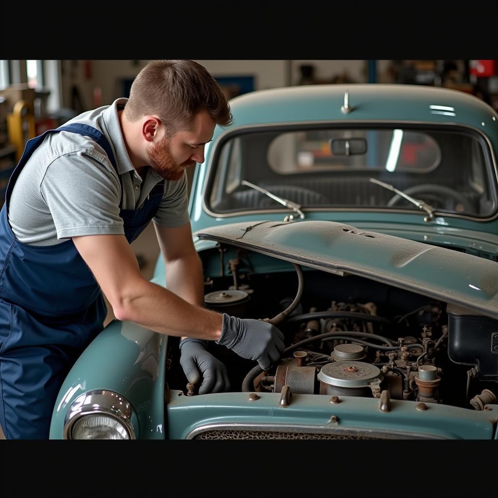 Wartung eines englischen Oldtimers: Ein Mechaniker arbeitet an einem klassischen englischen Fahrzeug, um dessen Langlebigkeit zu gewährleisten.