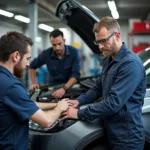 Experten in der Autoreparaturwerkstatt bieten Hilfe an.