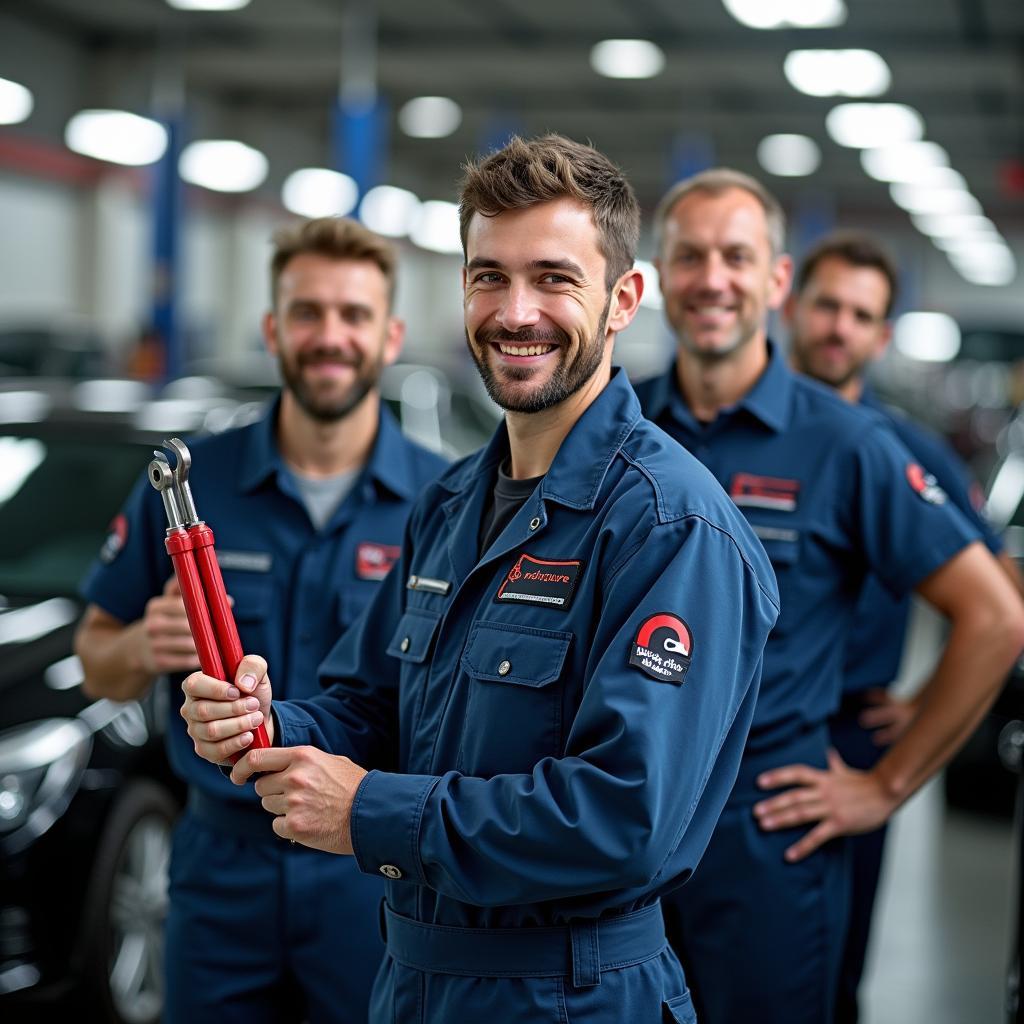 Experten-Team für Autoreparatur-Hilfe: Ein Team von Automechanikern steht bereit, um Kunden bei der Autoreparatur zu unterstützen.