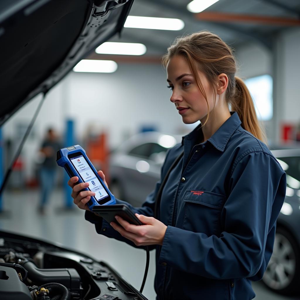 Fachberaterin präsentiert modernste Diagnosegeräte in einer Autowerkstatt.