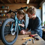 Fahrradwartung für 11-Jährige: Ein Vater hilft seinem Sohn, die Bremsen am Fahrrad zu überprüfen.