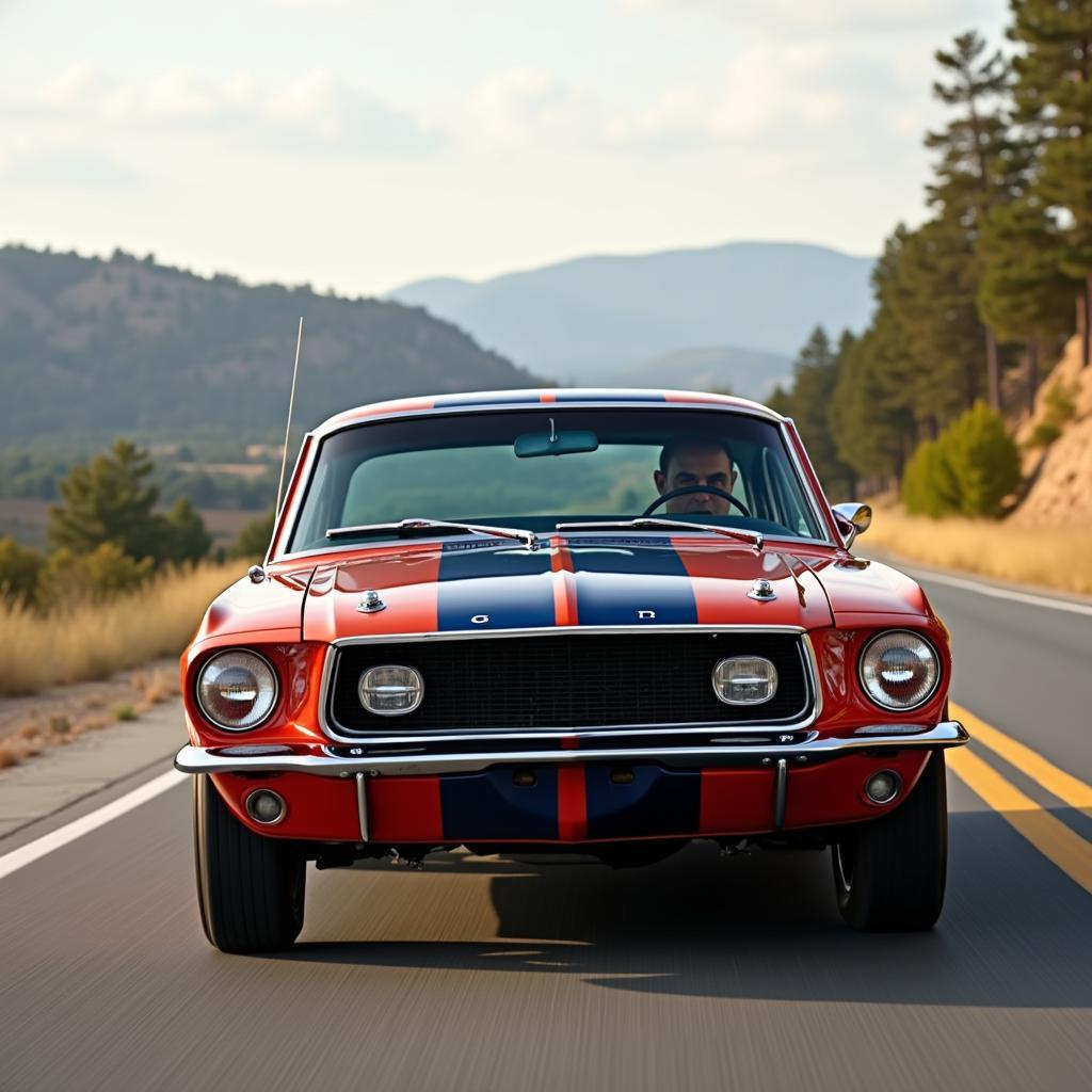 Ford Mustang Oldtimer 1967 fährt auf einer malerischen Straße.