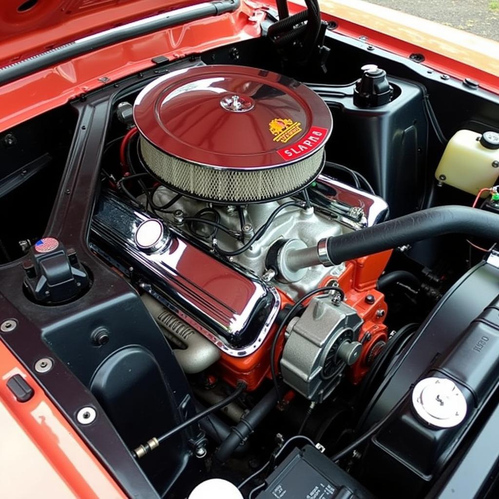 Detaillierter Blick auf den Motor eines Ford Mustang Oldtimer 1967.