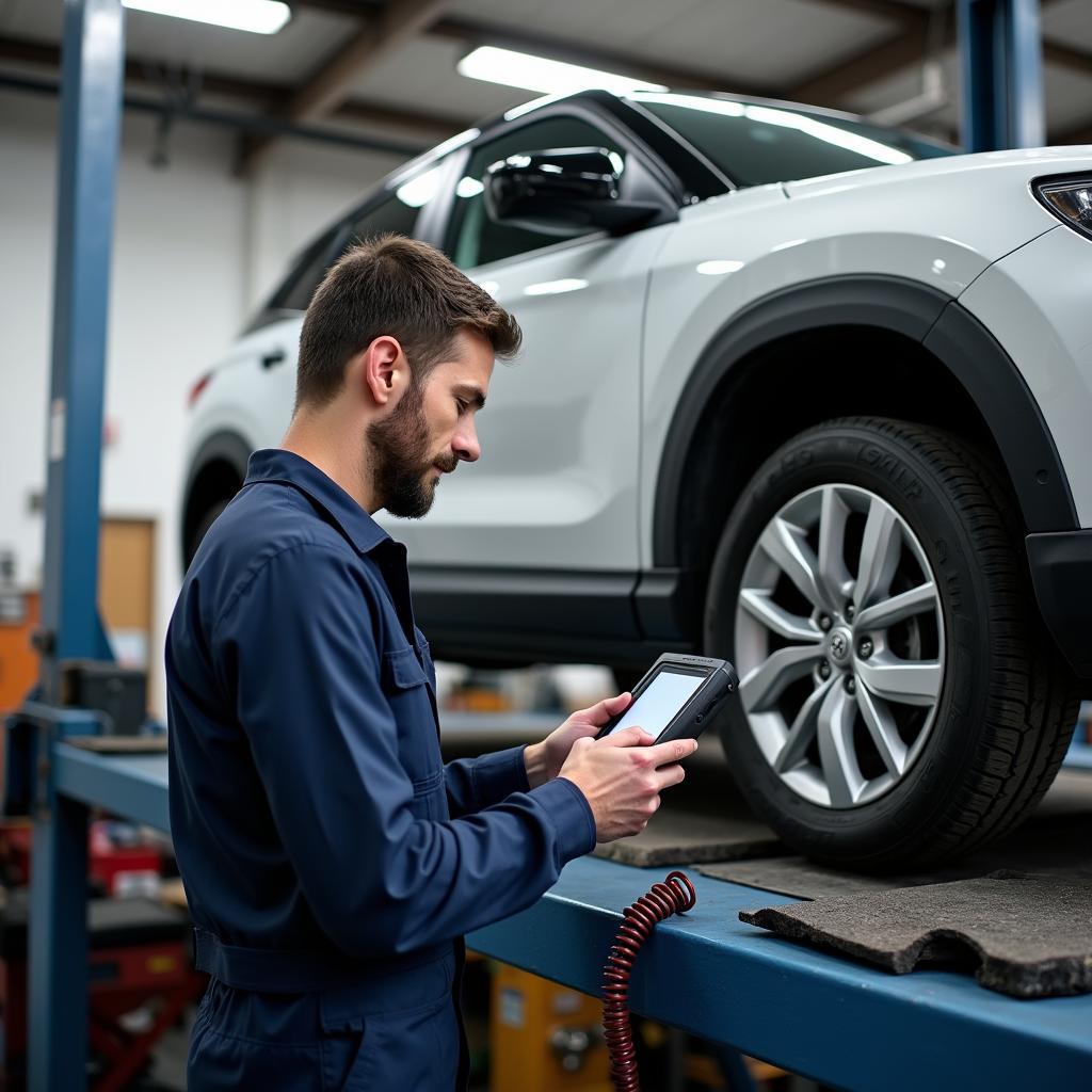 Mechaniker arbeitet an einem Fahrzeug in einer freien Werkstatt