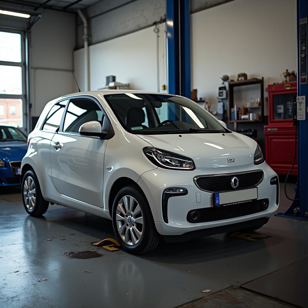 Manutenção de um carro compacto em uma oficina em Dresden