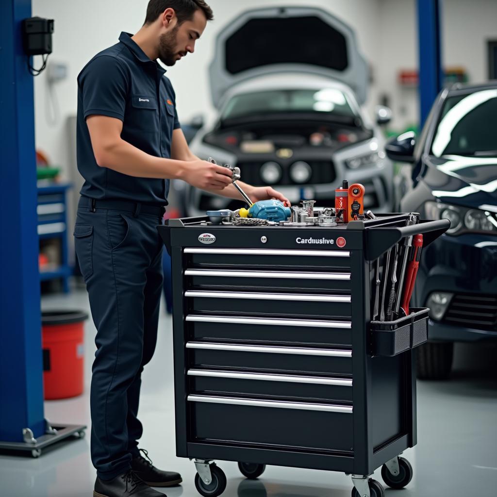 Gefüllter Werkzeugwagen Testsieger für Kfz-Mechaniker